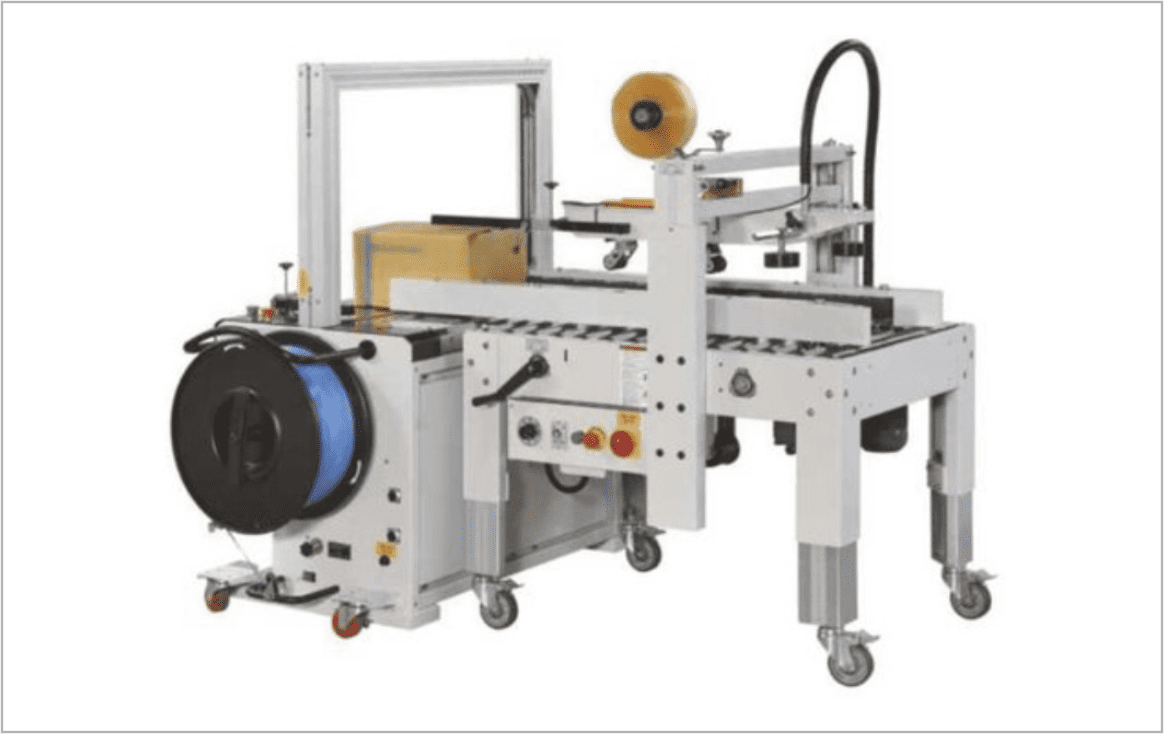 carton sealing with automatic strapping line